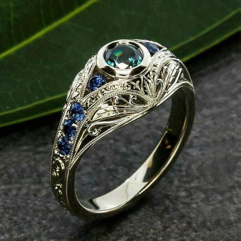 Luxury vintage 925 silver-plated geometric pattern with zircon ring, romantic wedding bridal jewelry