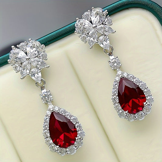 1 pair of retro elegant copper hanging earrings with synthetic red gemstones, nickel-free plating, July birthday stone, suitable for daily wear and banquets, the perfect Valentine's Day gift, novel earrings