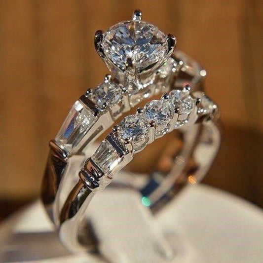 Round Cut Square Crystal Zircon Claw Set with 925 Silver Plated 2-Piece Women's Wedding Ring Set