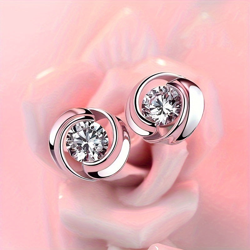 Round inlaid shiny zircon stud earrings, women's daily casual party stud earrings jewelry gift