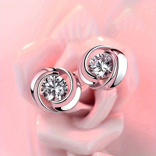 Round inlaid shiny zircon stud earrings, women's daily casual party stud earrings jewelry gift