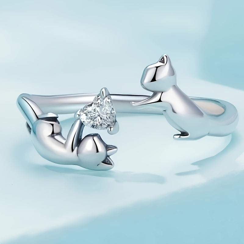 1 elegant and cute cat ring, creative handheld heart-shaped design synthetic Zirconia opening, adjustable Women's ring, party jewelry birthday gift, fashion