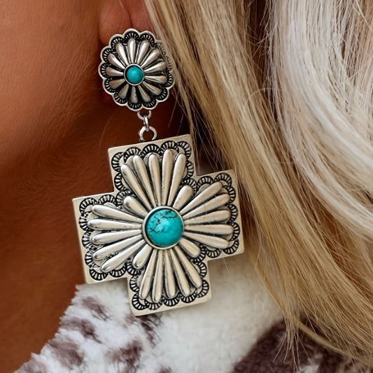 Classic Western style turquoise cross pendant earrings, silver plated jewelry gift