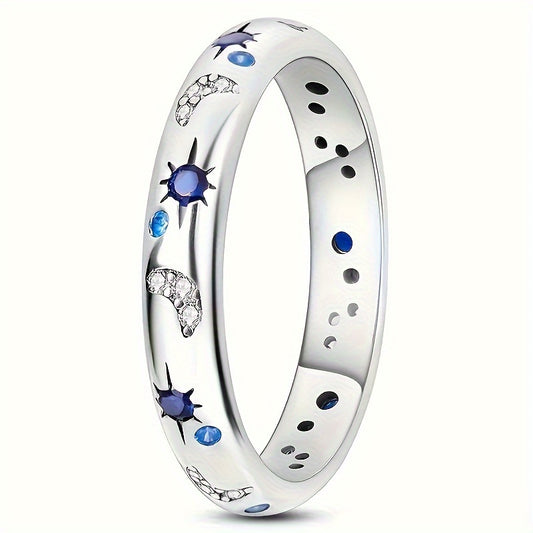 1 elegant broadband ring with moon and sun motif, blue synthetic gemstone - chic copper jewelry for women and men, suitable for parties and daily wear, moon jewelry