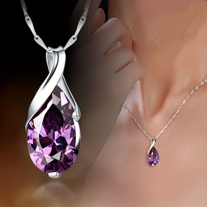 Bridal Engagement Wedding Pendant Necklace Ladies Silver Plated Teardrop Amethyst Necklace Anniversary Gift