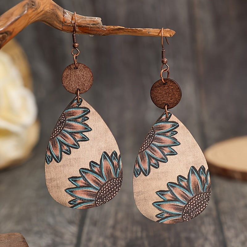 Droplet Sunflower Print Pendant Earrings Vintage Bohemian Wooden Jewelry Fashion Women's Earrings