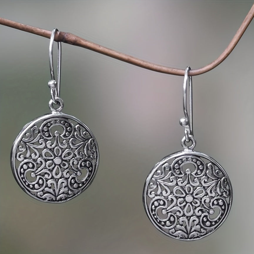 Bohemian Retro Silver Plated Floral Pendant Earrings - Alloy, Iron Stud Earrings for Casual Wear