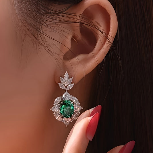 1 Pair of Elegant Ladies Hanging Earrings - Retro Style Synthetic Emerald and Diamond Embellishment, Nickel-Free Copper, Perfect for Parties and Casual Attire, Special Occasion Earrings | Luxury Style | Synthetic Emerald Earrings, Novel Earrings