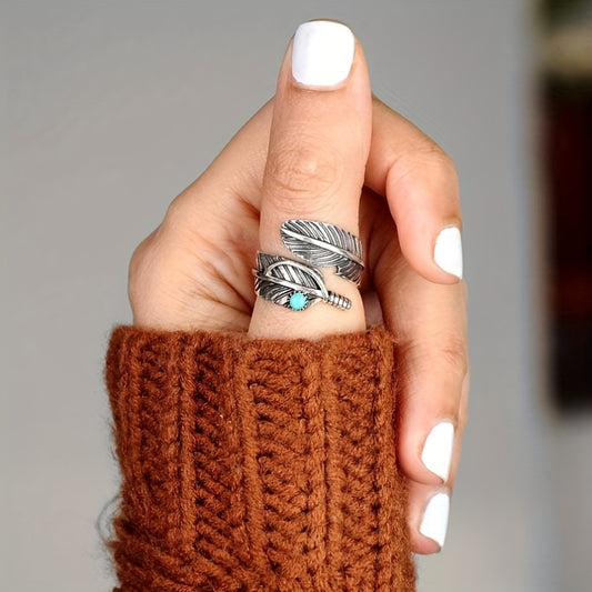 Vintage Feather Turquoise Open Ring Jewelry