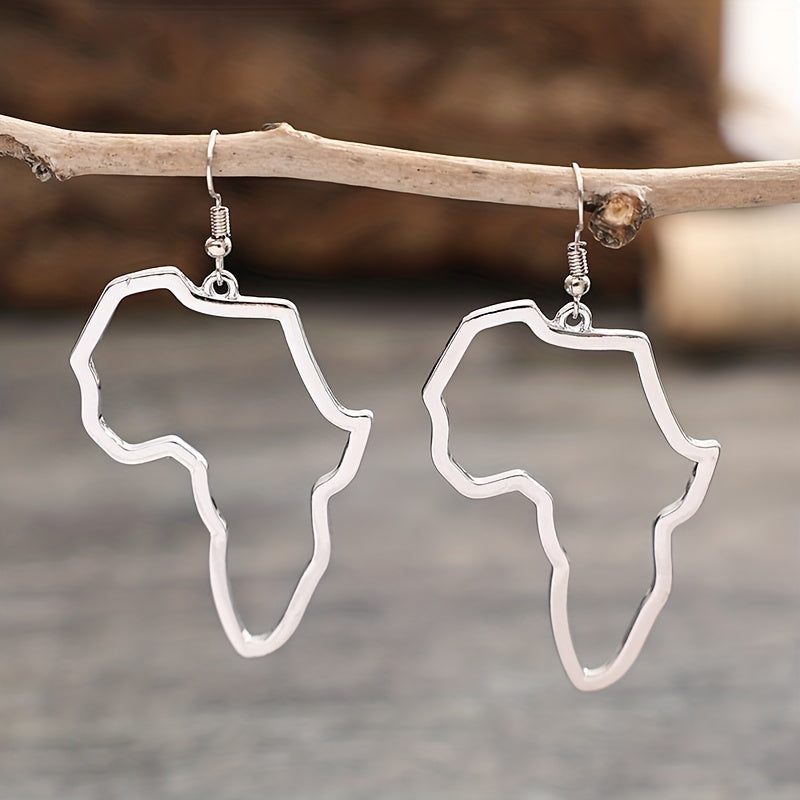 Africa map design pendant earrings, silver-plated alloy, retro minimalist style, women's gifts