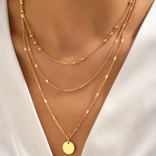 Retro Gold Layered Bead Chain Necklace with Round Pendant for Ladies - Perfect for Everyday Wear and Parties