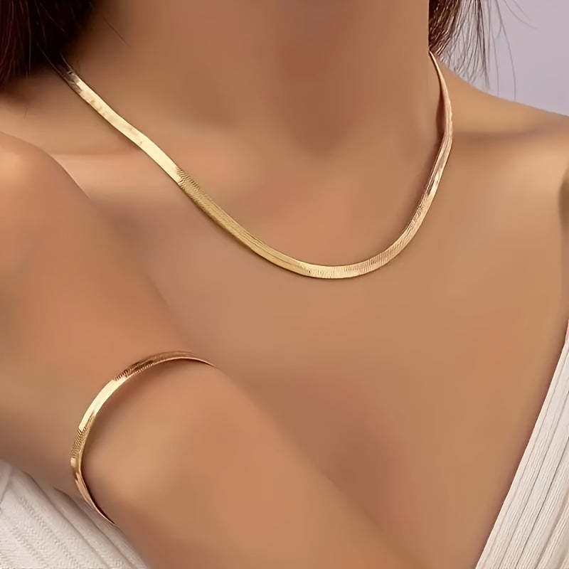 2-Piece Sexy Simple 18K Gold Plated Flat Snake Chain Necklace and Bracelet Set Women's, Mosaic Free, Alloy Material, Suitable for Daily Wear
