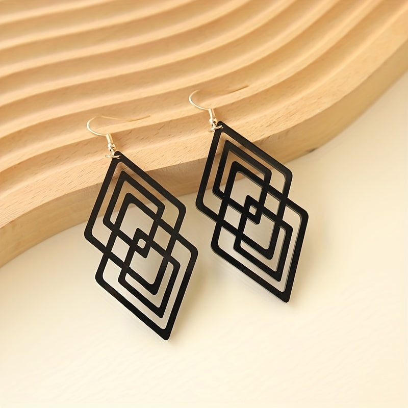 Hollow rhombus design black pendant earrings retro minimalist style acrylic jewelry fashion women's gift