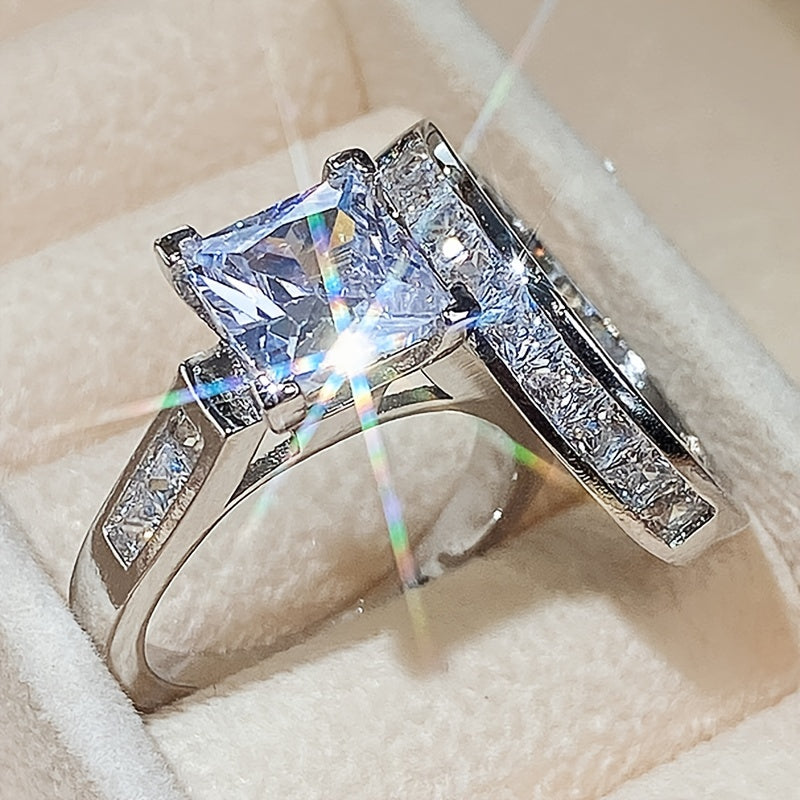 Elegant promise ring set with sparkling zircon, square design, engagement wedding ring, symbolizing elegance and beauty (excluding box)