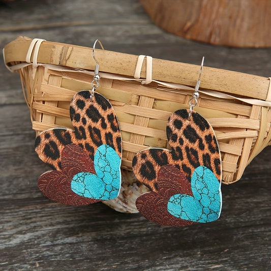 Women's leopard print plaid love imitation leather pendant earrings