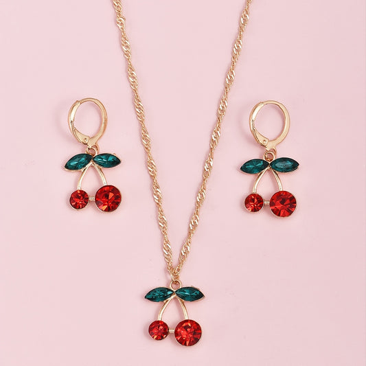 Sweet Cherry Crystal Pendant Necklace and Earrings Set Delicate Fruit Gold Chain Jewelry Set Gift